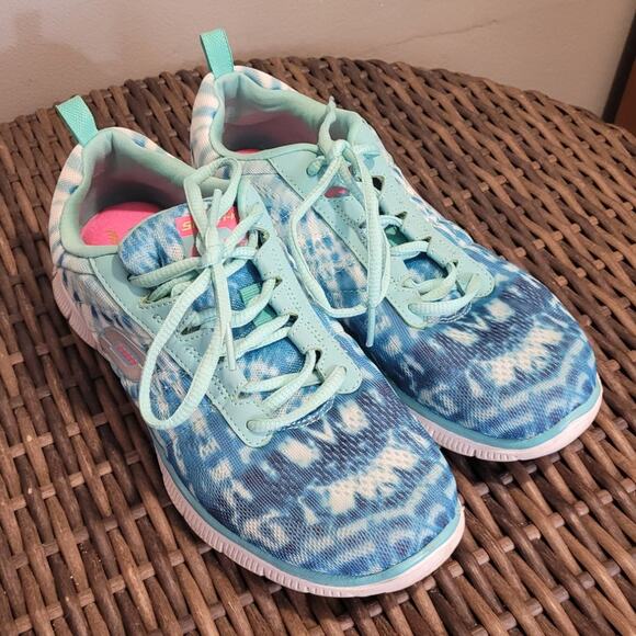 SKECHERS Flex Appeal 11884 Tie Dye Sneakers Sz 7.5 Mint Green Aqua Comfortcore - Picture 1 of 9